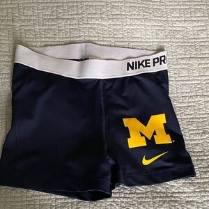 Nike Pro Navy Shorts with Michigan Block M Logo. Size Medium